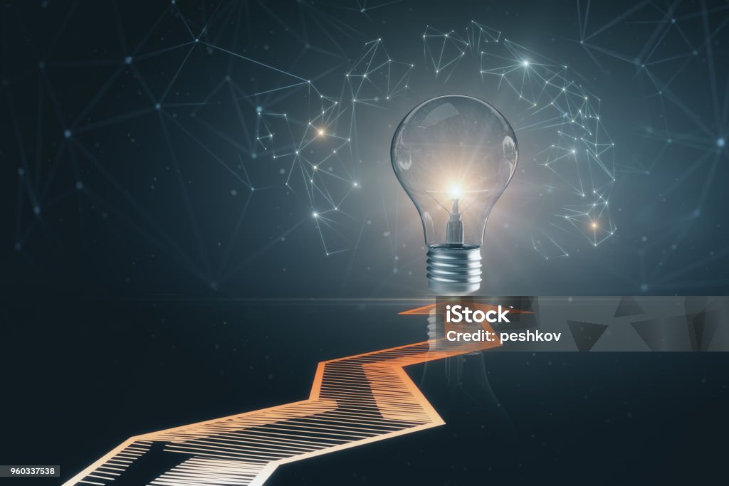 Idea and innovation concept Creative background with arrows and glowing lamp. Idea and innovation concept. 3D Rendering Innovation Stock Photo