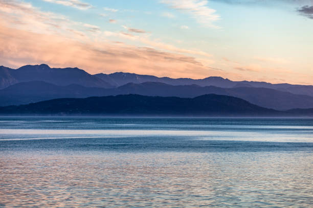 Puget Sound and Olympic Mountains, sunset in spring.