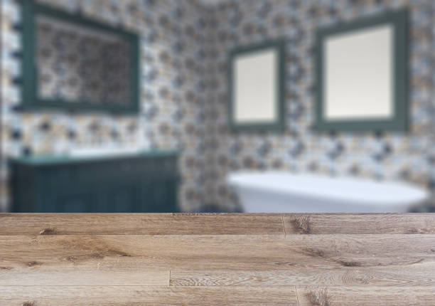 istock Clean and fresh bathroom with natural light.  The wooden table. Blurred interior. 960344958