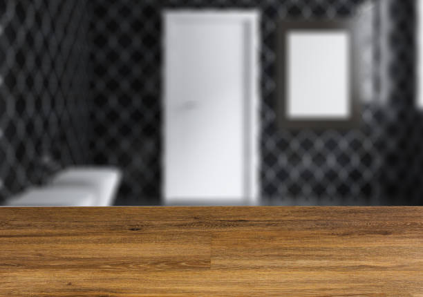istock Clean and fresh bathroom with natural light.  The wooden table. Blurred interior. 960345030