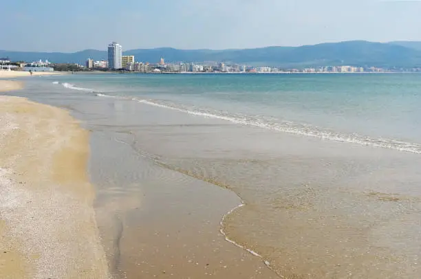Photo of A sandy beach and a panoramic view of the coast of the Bulgarian resort of Sunny Beach.