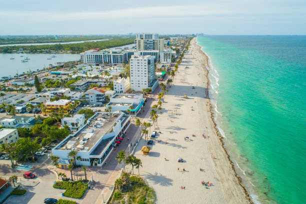 Aerial image of Hollywood Beach Florida USA Aerial drone image of hollywood beach and boardwalk florida beach above stock pictures, royalty-free photos & images