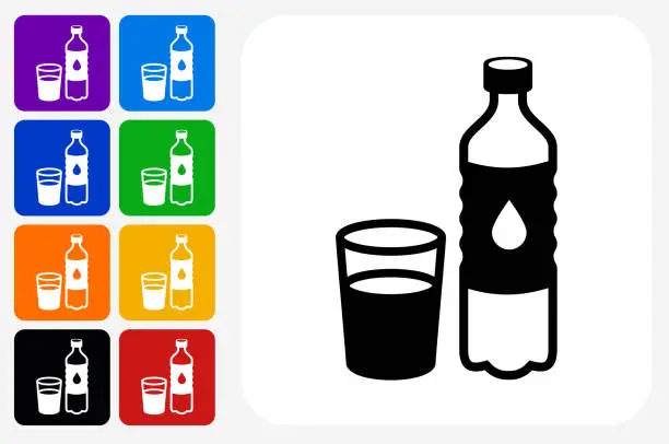 Vector illustration of Water Bottle and Glass Icon Square Button Set