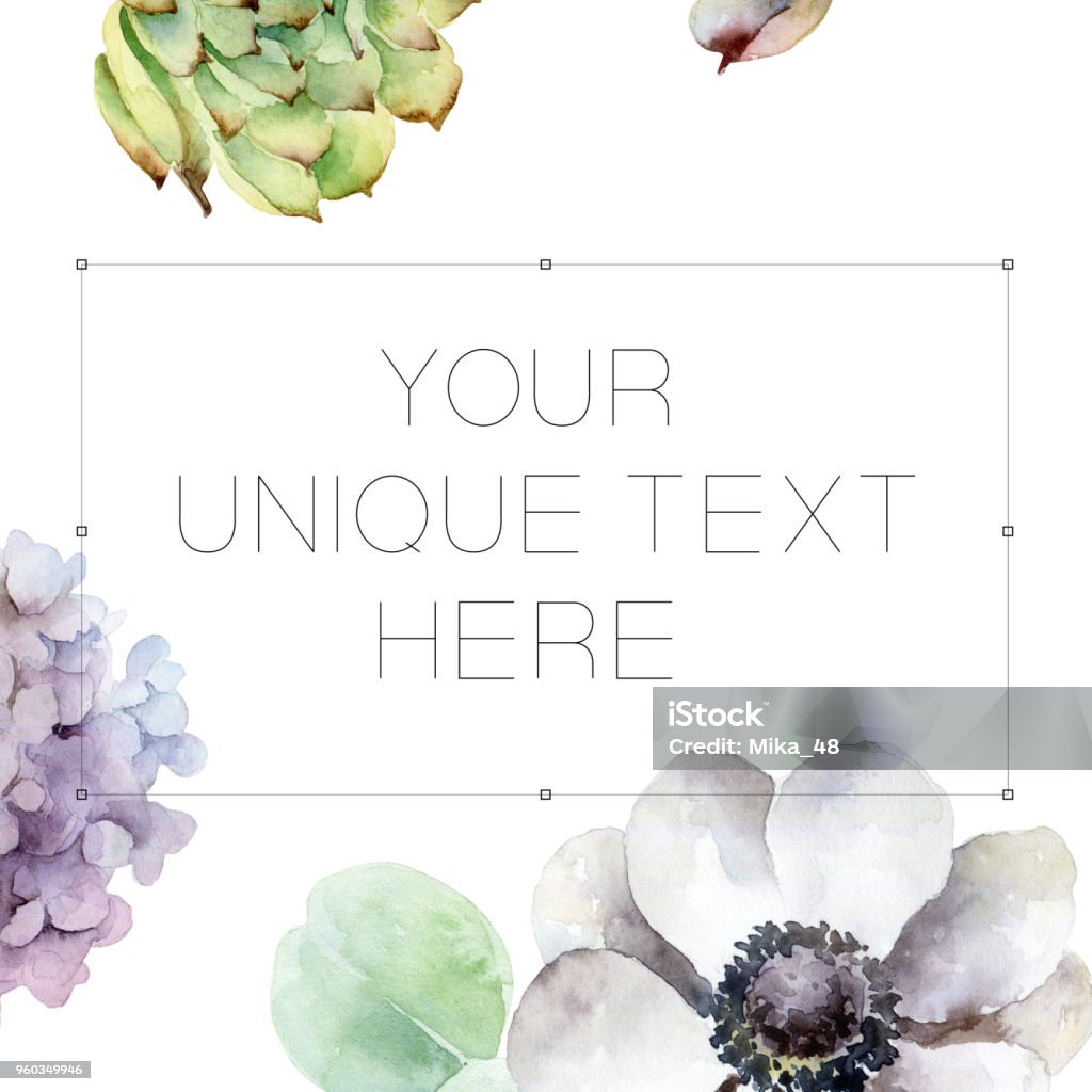 Composition with anemones and hydrangeas Composition with space for text with anemones and hydrangeas. Watercolor illustration Anemone Flower stock illustration