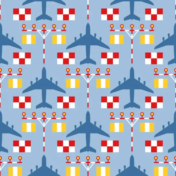 Vector illustration of seamless pattern with passenger airplanes, strip lights and signs