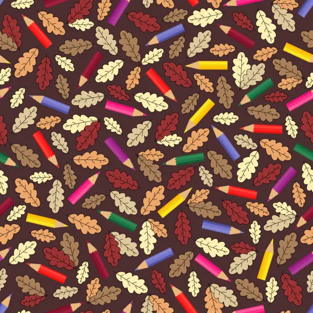 Vector illustration of seamless pattern with colour pencils and autumn leaves