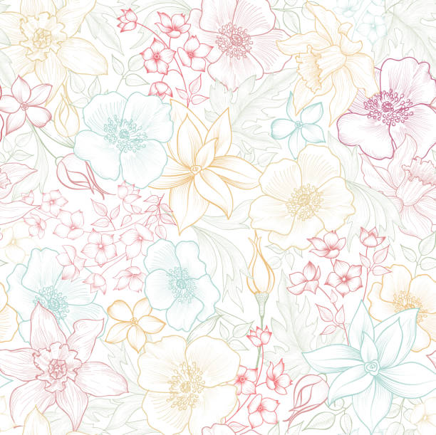 nahtlose blumenmuster. blumen hintergrund. gedeihen sie garten textur mit blumen. - summer flower head macro backgrounds stock-grafiken, -clipart, -cartoons und -symbole