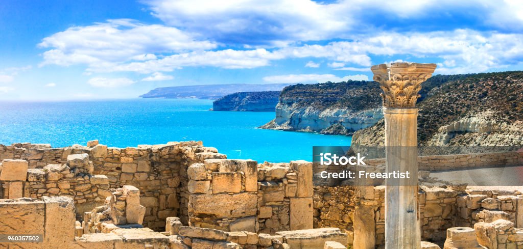 Ancient temples and turquoise sea of Cyprus island Cyprus - beauty of the sea and archeology Republic Of Cyprus Stock Photo
