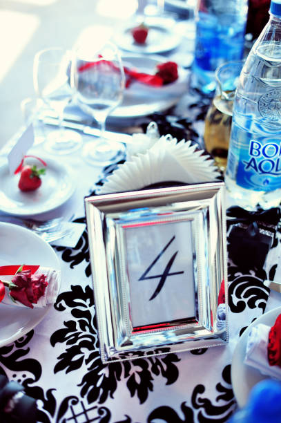 istock Wedding table decoration with flowers and art elements. Wedding decor. Close up of table appointments. Luxury catering at event 960366622