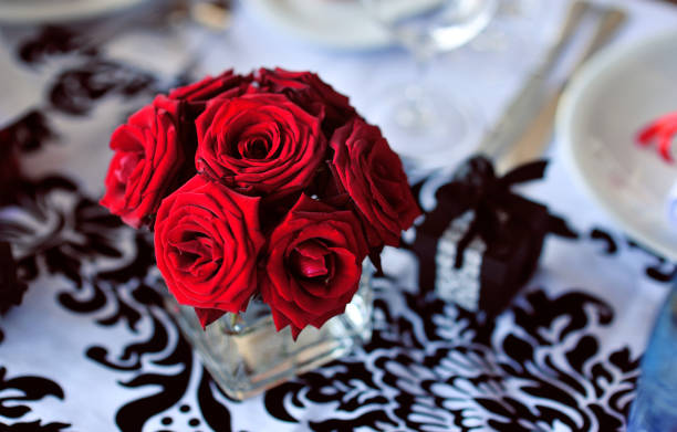 istock Wedding table decoration with flowers and art elements. Wedding decor. Close up of table appointments. Luxury catering at event 960366716