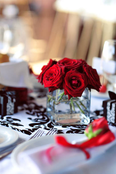 istock Wedding table decoration with flowers and art elements. Wedding decor. Close up of table appointments. Luxury catering at event 960366736