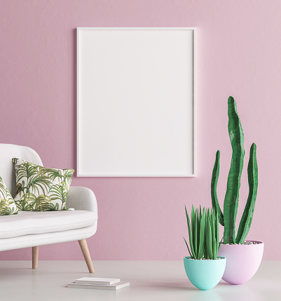 Mock up poster frame interior background with sofa and cactus, 3d render