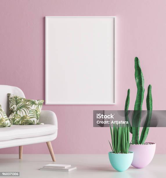 Mock Up Poster Frame Interior Background With Sofa And Cactus Stock Photo - Download Image Now