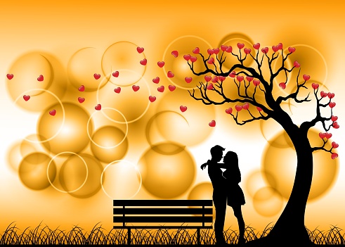 Dating Couple Silhouette Under Love Tree with bokeh - full color