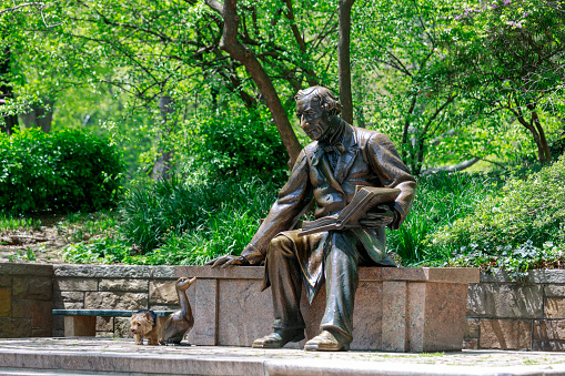 New York, USA - May 8, 2018 : Public sculpture of Hans Christian Andersen in the Central Park, NYC