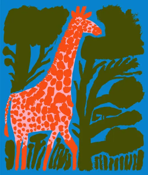 Vector illustration of Giraffe between bushes and trees