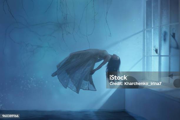 A Ghost Girl With Long Hair In A Vintage Dress Room Under Water A Photograph Of Levitation Resembling A Dream A Dark Gothic Interior With Branches And A Huge Window Of Flooded Light Art Photo Stock Photo - Download Image Now