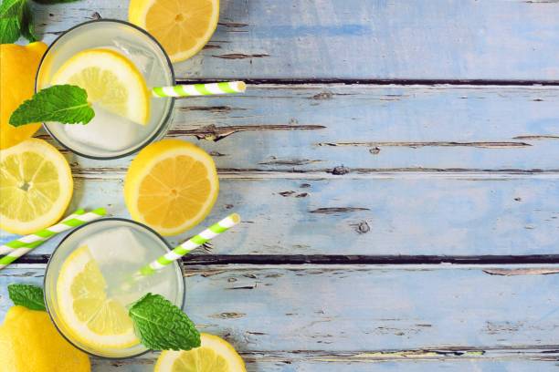 istock Summer lemonade, top view, side border on blue wood 960394138