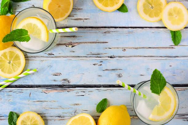 istock Summer lemonade, top view frame on blue wood 960394186