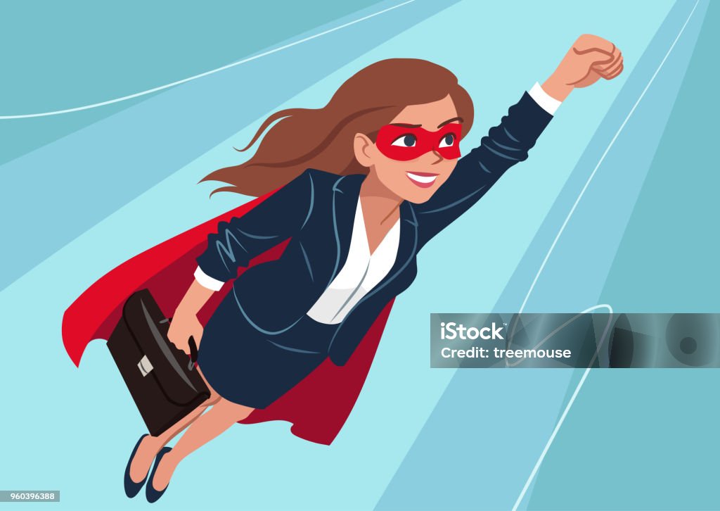 Young Caucasian superhero woman wearing business suit and cape, flying through air in superhero pose, on aqua background. Vector cartoon character illustration, business, achievement, goals theme. Superhero stock vector