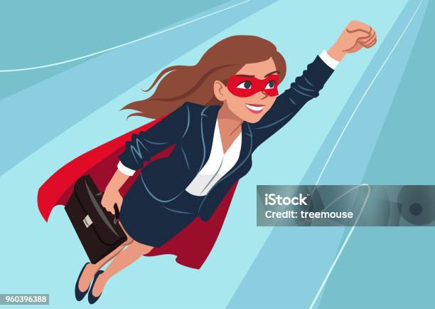 Young Caucasian Superhero Woman Wearing Business Suit And Cape Flying Through Air In Superhero Pose On Aqua Background Vector Cartoon Character Illustration Business Achievement Goals Theme Stock Illustration - Download Image Now