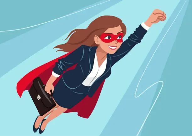 Vector illustration of Young Caucasian superhero woman wearing business suit and cape, flying through air in superhero pose, on aqua background. Vector cartoon character illustration, business, achievement, goals theme.