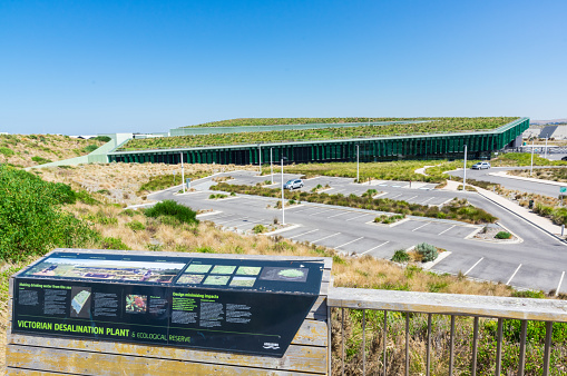 Wonthaggi, Australia - January 28, 2018: the Victorian Desalination Plant was completed in 2012. It can produce 410 megalitres of water per day.