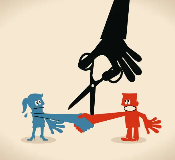 Vector illustration of Businessman shaking hand with businesswoman, big black hand cutting the connection by scissors (breaking the trust)