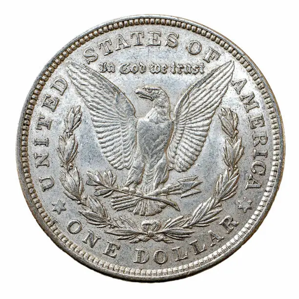 Morgan Dollar silver coin, reverse.