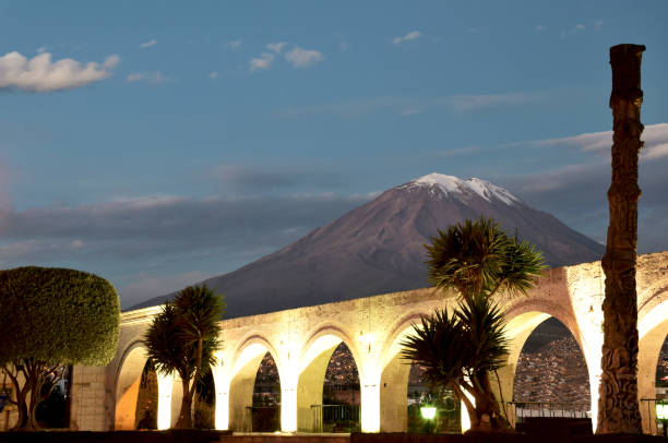 Andean Scenery View of volcano in the background in Arequipa, Peru arequipa province stock pictures, royalty-free photos & images