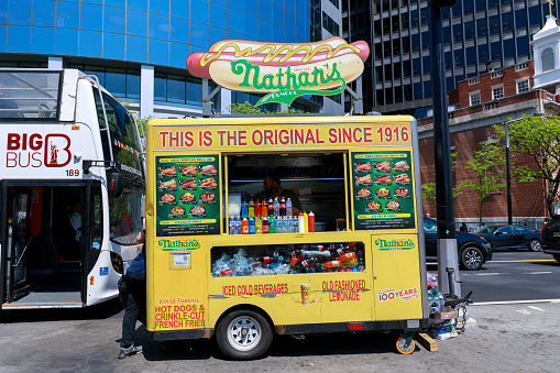 New York, USA - May 9, 2018 : Nathan's hot dog cart in lower Manhattan, NYC