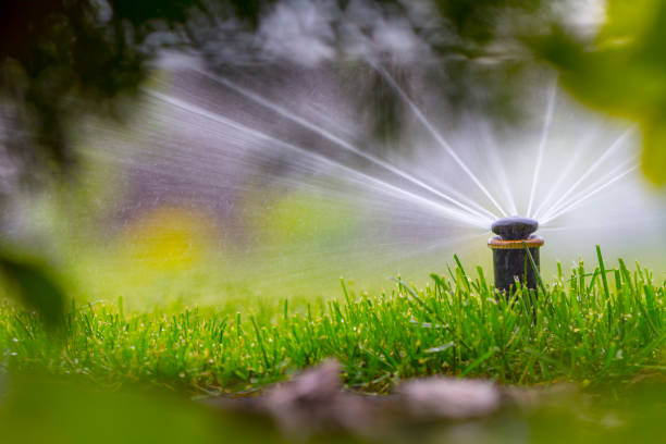 istock automatic sprinkler system watering the lawn on a background of green grass 960436086