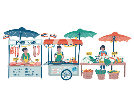 Doodle local food market in Thailand with pad thai vendor, pork shop, and vegetables vendor, all on white background, illustration, vector