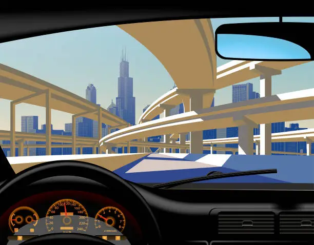 Vector illustration of View from inside the car on the highway overpass and city skyline