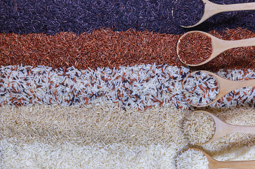 Five kinds of rice on wooden spoon.