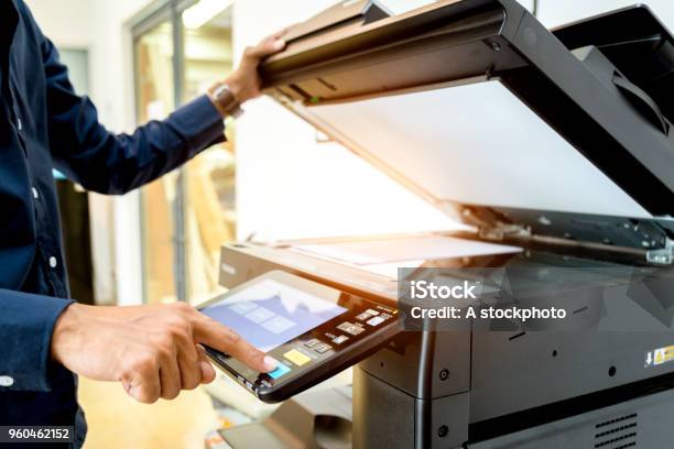 Bussiness Man Hand Press Button On Panel Of Printer Printer Scanner Laser Office Copy Machine Supplies Start Concept Stock Photo - Download Image Now