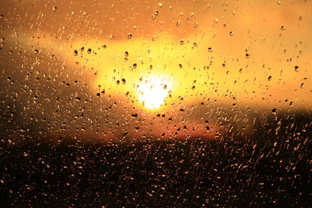 istock Rain outside window on sunset background. Water drops on glass during raining 960467172