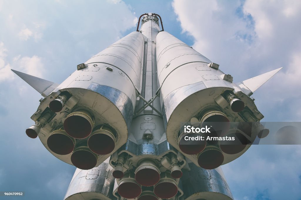 The world's first manned space rocket at an exhibition in Moscow city, Russia Rocketship Stock Photo