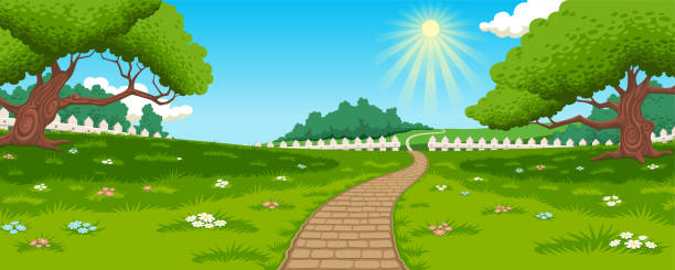 Countryside - meadow and path background Vector landscape illustration. Countryside background including meadow, path, trees, grass and flowers. sunny day stock illustrations