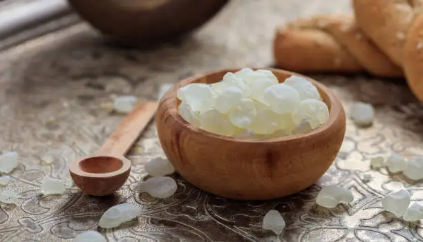 Chios mastic tears in a wooden bowl