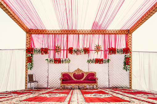 Empty wedding stage in Indian marriage before start wedding rituals
