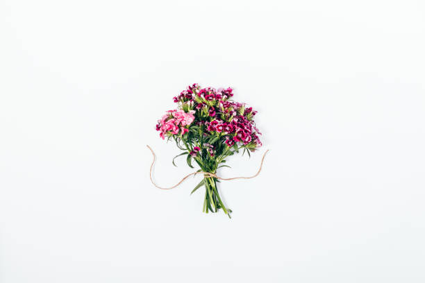 semplice disposizione piatta della disposizione dei piccoli fiori rosa - small bouquet foto e immagini stock