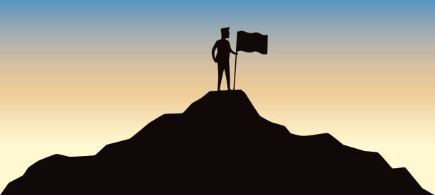 istock Man holding flag on top mountain. Conception of winner, success and leadership. 960488340