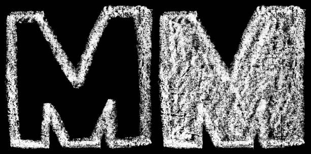 handwritten white chalk english letters M isolated on black background