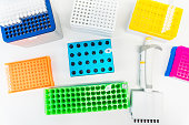 Science and medical background. 8 chanel pipette and laboratory supplies