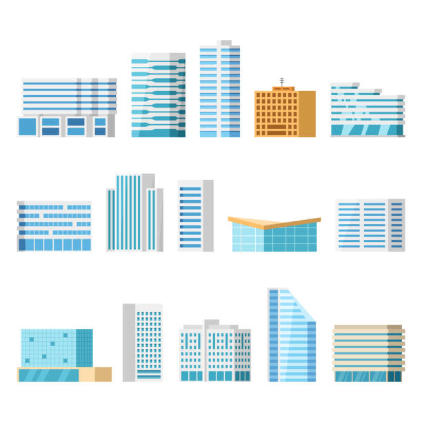 ilustrações, clipart, desenhos animados e ícones de conjunto de edifícios da cidade, dos desenhos animados vetor isoladas - glass office contemporary built structure