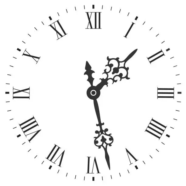 Vector illustration of Elegant clock face with roman numerals and tick marks placed on a white. Vector illustration.