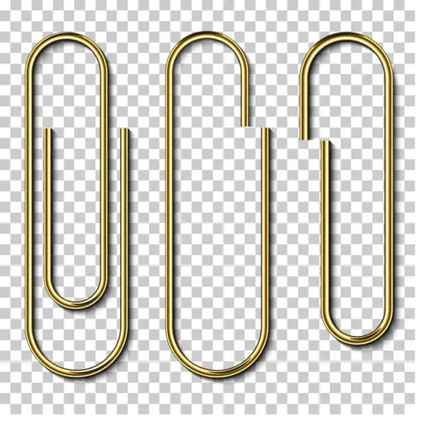 Vector illustration of Metal gold paperclips isolated and attached to white paper isolated on transparent background