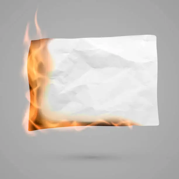 Vector illustration of Burning piece of paper with copy space. crumpled paper blank. Crumpled paper texture in fire. Vector illustration isolated on transparent background