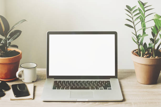 istock Laptop with empty screen on wooden desktop with phone, notebook, coffee and plant. space for text. mock-up. business workspace. working online home. Freelance concept. 960516562